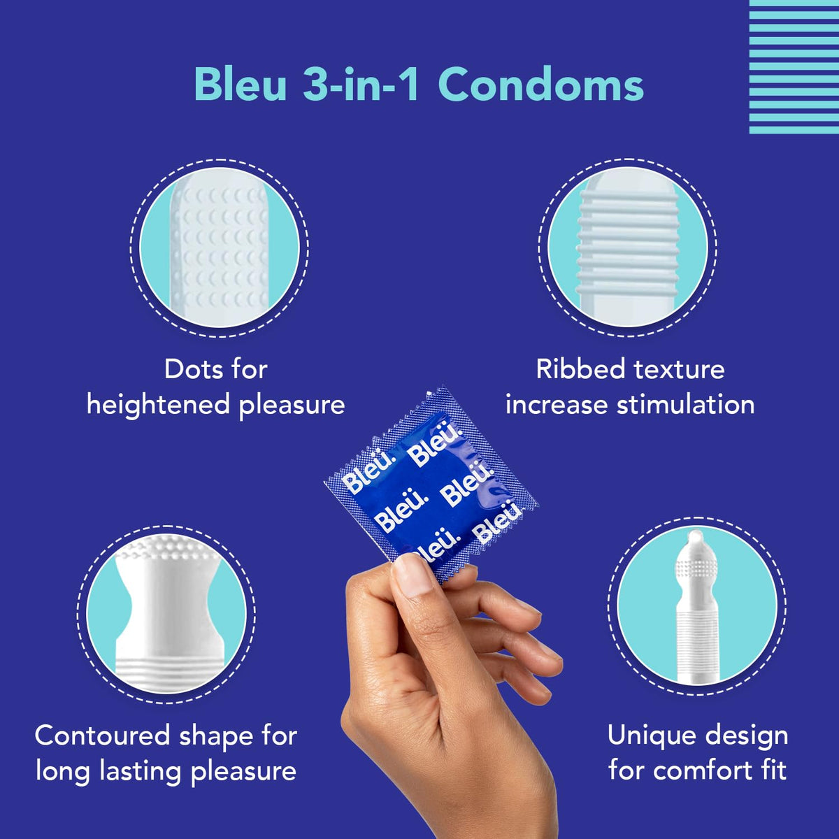 Bleu Vegan & 100% Natural Latex, 3-In-1 Condoms for Men 8 Count (Pack of 1) Dotted, Ribbed & Contour Shaped Skin to Skin Sensation