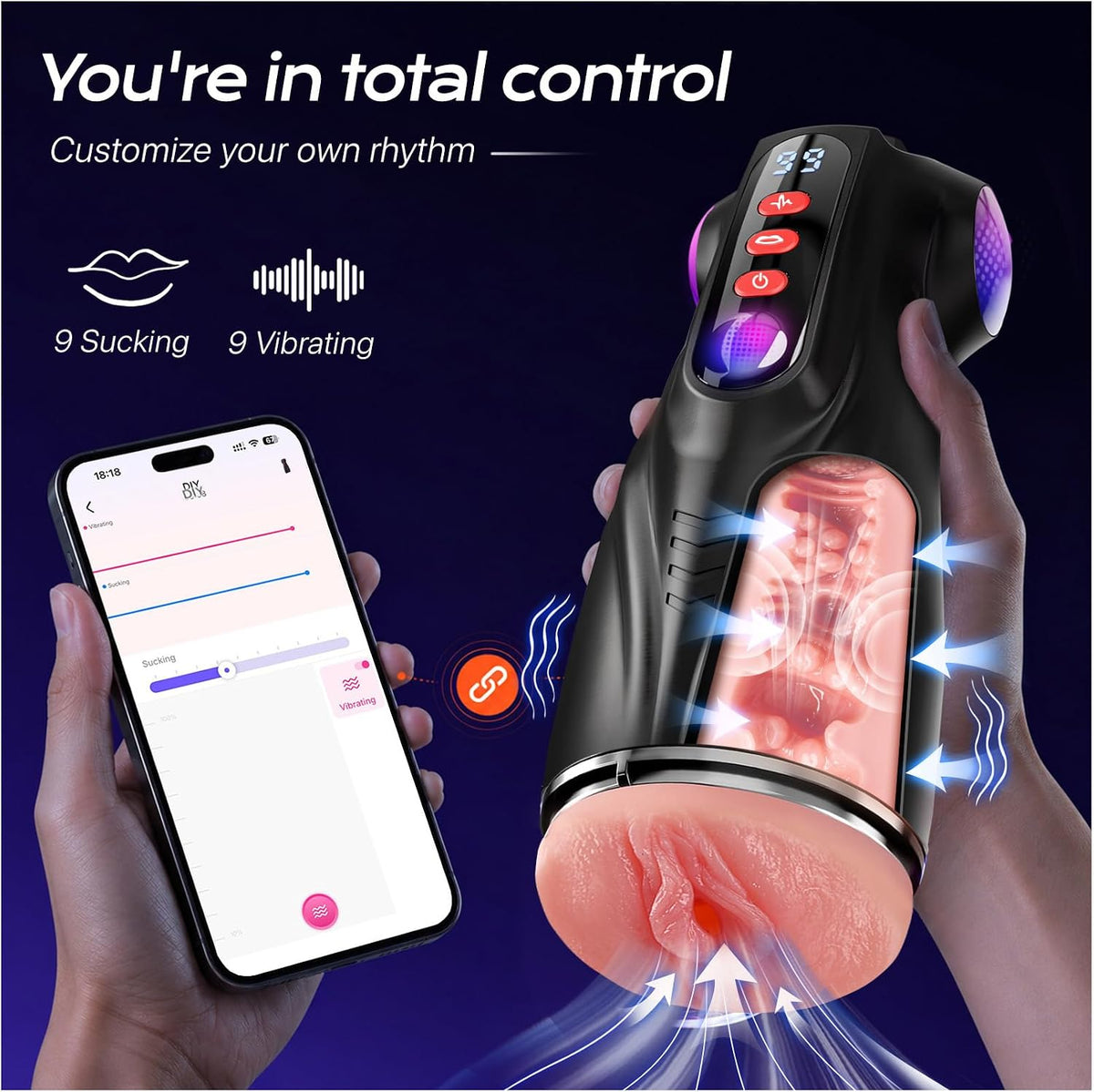 Male Masturbator Sex Toys for Men - 3 Sleeves AI Sync Pocket Pussy Penis Pump with 9 Sucking & 9 Vibrating, APP Adult Toys Mens Sex Toy, Colorful Lighting Stroker Machine Erotic Massage Kits