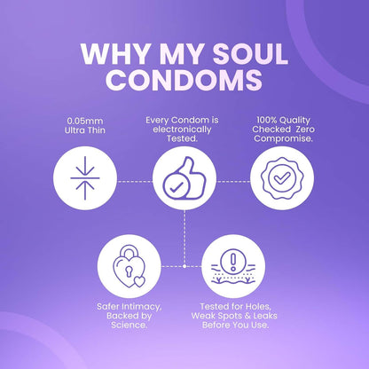My Soul Ultra Thin Aloe Vera Based Assorted Condoms Pack Includes 2 Bubblegum, 2 Chocolate, 2 Strawberry, 2 Climax Gel & 2 Non-Flavoured Condoms Everyday Intimate Care (10s)