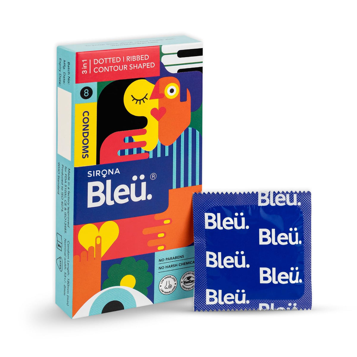 Bleu Vegan & 100% Natural Latex, 3-In-1 Condoms for Men 8 Count (Pack of 1) Dotted, Ribbed & Contour Shaped Skin to Skin Sensation