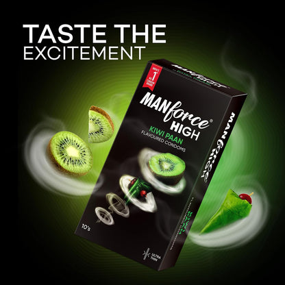 Manforce High Kiwi Paan Flavoured Condoms for Men 10 Count Ultra Thin Lubricated Latex Condoms For Her Enhanced Pleasure x Pack of 2