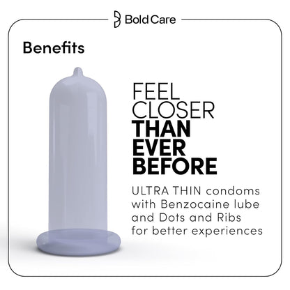 Bold Care Mutual Pleasure Dotted (576 Dots), Ribbed & D-LAY Condoms (Pack of 10) Ultra thin with benzocaine & menthol lubrication 60 Microns Comes with Disposable pouch Gold Standard Latex