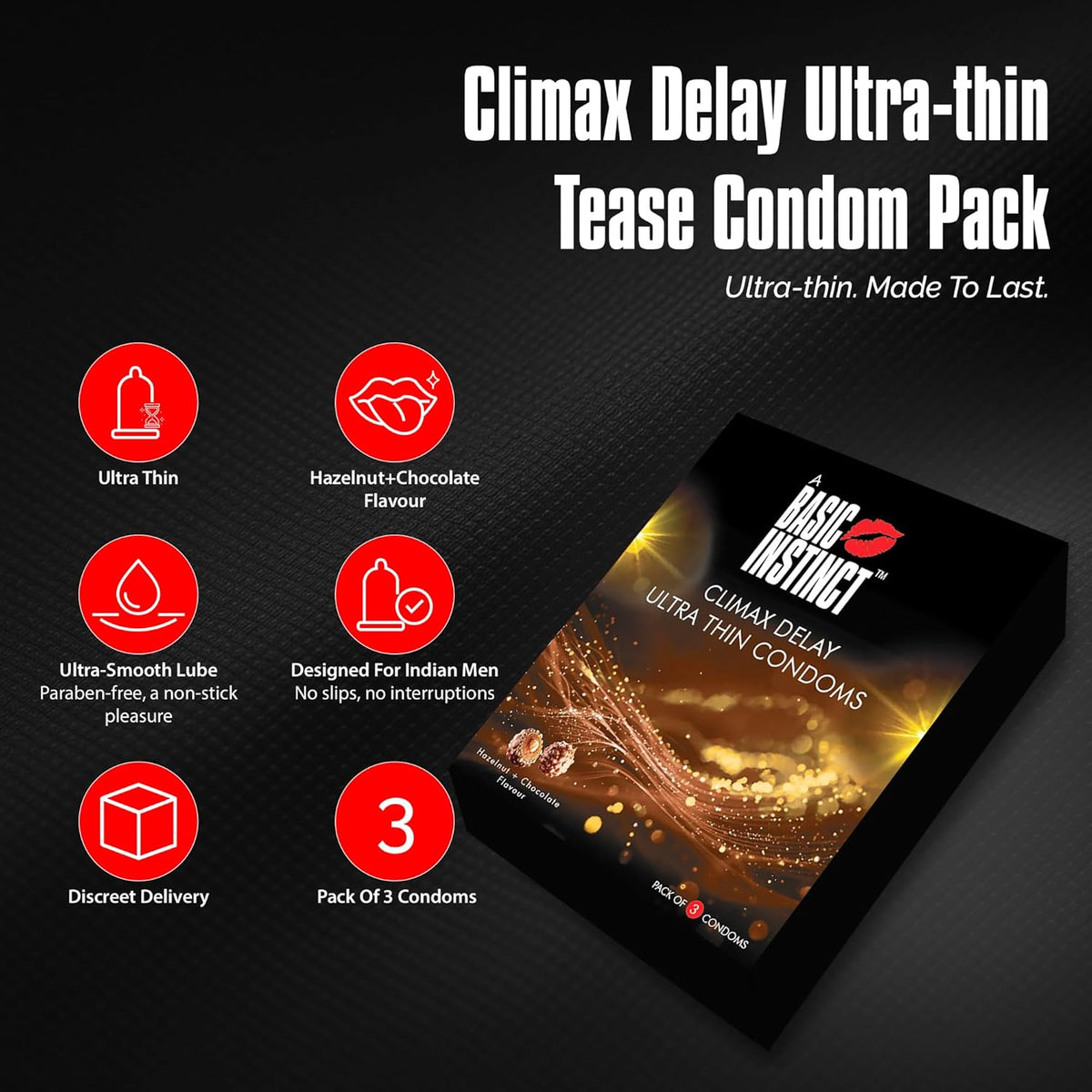 Basic Instinct Climax Delay Ultra-Thin Latex Condoms for Men Hazelnut & Chocolate Flavoured 3 Pcs, (Pack of 5)