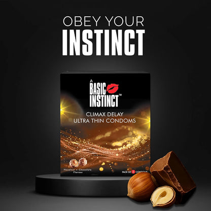 Basic Instinct Climax Delay Ultra-Thin Latex Condoms for Men Hazelnut & Chocolate Flavoured 3 Pcs, (Pack of 5)