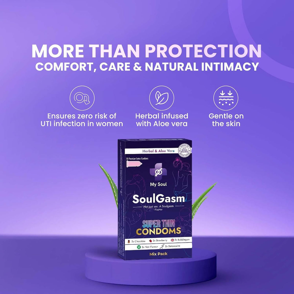 My Soul Ultra Thin Aloe Vera Based Assorted Condoms Pack Includes 2 Bubblegum, 2 Chocolate, 2 Strawberry, 2 Climax Gel & 2 Non-Flavoured Condoms Everyday Intimate Care (10s)