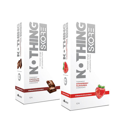 Skore Nothing Thinnest Pleasure Condoms Flavored Chocolate & Strawberry With Disposal Pouches Pack of 2 10's each