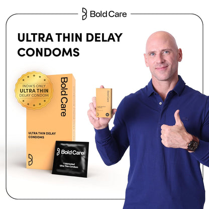 Bold Care Ultra Thin Lubricated Condoms (Pack Of 10) For Men With Disposable Pouches And 4.5% Benzocaine 60 Microns Paraben Free Close Fit Barely There Condom Transparent Extra Thin Condom