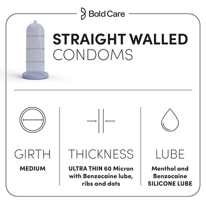 Bold Care Mutual Pleasure Dotted (576 Dots), Ribbed & D-LAY Condoms (Pack of 10) Ultra thin with benzocaine & menthol lubrication 60 Microns Comes with Disposable pouch Gold Standard Latex