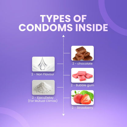 My Soul Ultra Thin Aloe Vera Based Assorted Condoms Pack Includes 2 Bubblegum, 2 Chocolate, 2 Strawberry, 2 Climax Gel & 2 Non-Flavoured Condoms Everyday Intimate Care (10s)