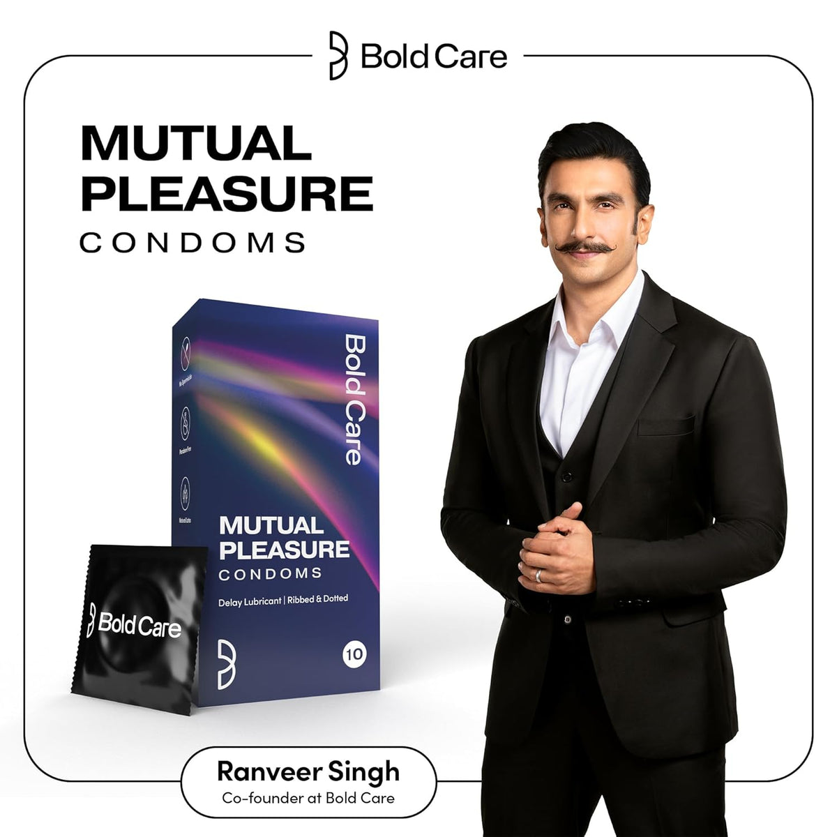 Bold Care Mutual Pleasure Dotted (576 Dots), Ribbed & D-LAY Condoms (Pack of 10) Ultra thin with benzocaine & menthol lubrication 60 Microns Comes with Disposable pouch Gold Standard Latex