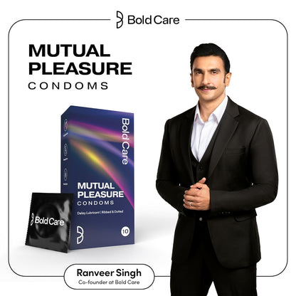 Bold Care Mutual Pleasure Dotted (576 Dots), Ribbed & D-LAY Condoms (Pack of 10) Ultra thin with benzocaine & menthol lubrication 60 Microns Comes with Disposable pouch Gold Standard Latex