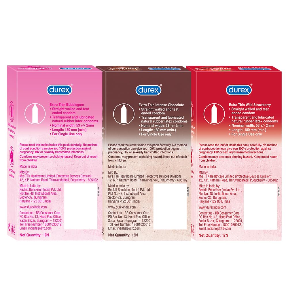 Durex Extra Thin Flavoured Condoms, 12s, Pack of 3 (Bubblegum + Chocolate + Strawberry)