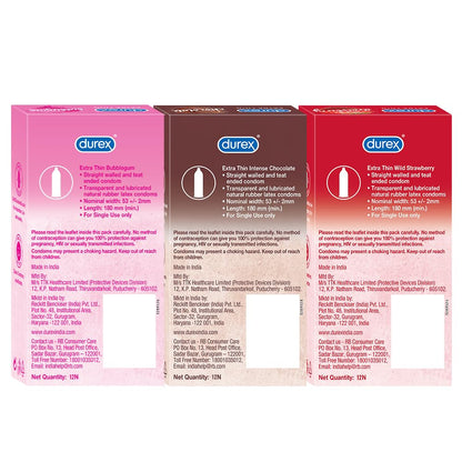 Durex Extra Thin Flavoured Condoms, 12s, Pack of 3 (Bubblegum + Chocolate + Strawberry)