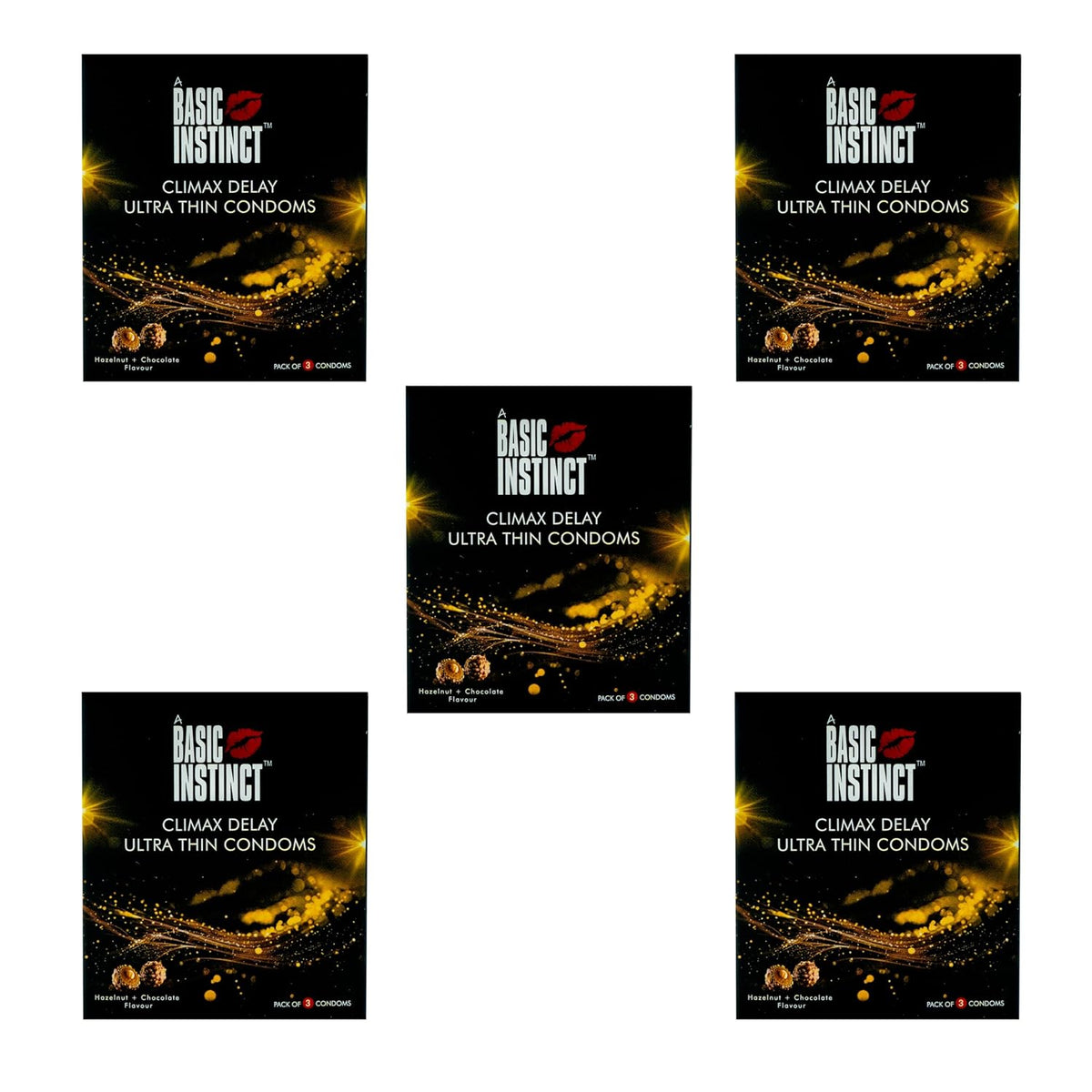Basic Instinct Climax Delay Ultra-Thin Latex Condoms for Men Hazelnut & Chocolate Flavoured 3 Pcs, (Pack of 5)