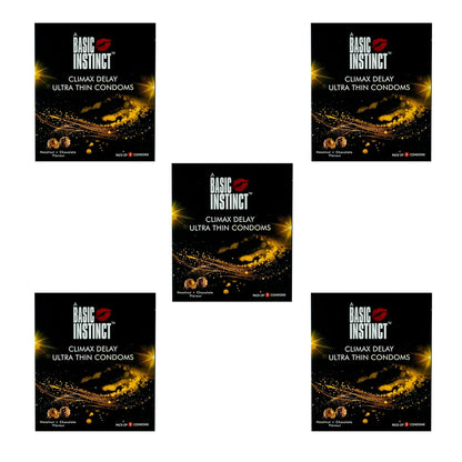 Basic Instinct Climax Delay Ultra-Thin Latex Condoms for Men Hazelnut & Chocolate Flavoured 3 Pcs, (Pack of 5)