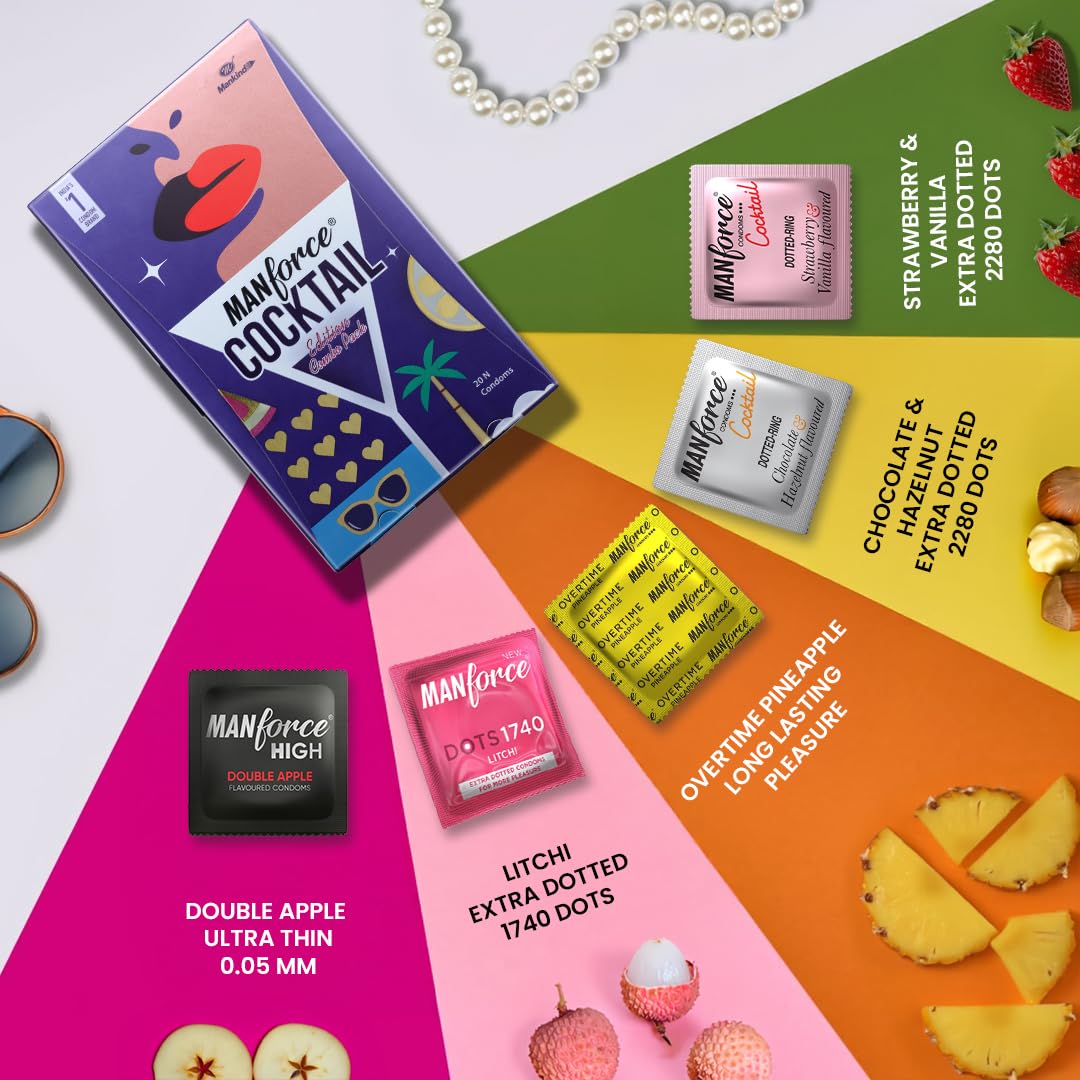 MANFORCE Cocktail Edition Combo Pack Condoms Mix Flavours (Chocolate-Hazelnut, Strawberry-Vanilla, Double Apple, Pineapple & Litchi) Premium Latex Dotted & Ribbed Extra Pleasure 20 Sheets