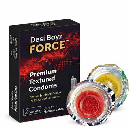 Desi Boyz Force™ Premium Textured Condoms Dotted & Ribbed Design for Enhanced Sensation Ultra Thin Latex Comfortable Fit Pack of 2