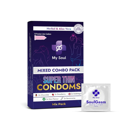 My Soul Ultra Thin Aloe Vera Based Assorted Condoms Pack Includes 2 Bubblegum, 2 Chocolate, 2 Strawberry, 2 Climax Gel & 2 Non-Flavoured Condoms Everyday Intimate Care (10s)