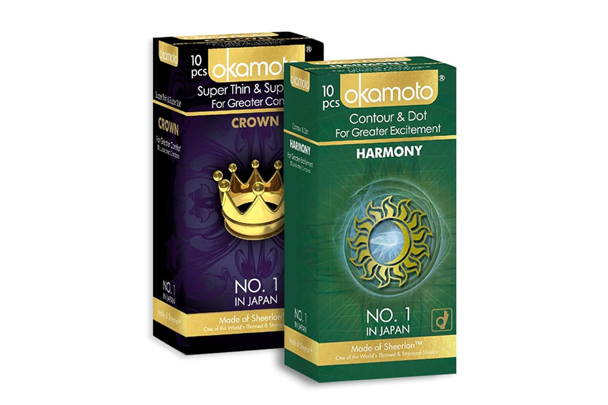 Okamoto Condoms Crown - Ultra Thin Condoms for Male Harmony - Dotted Condoms for Mens Combo Pack (Pack of 2, 20 Counts)