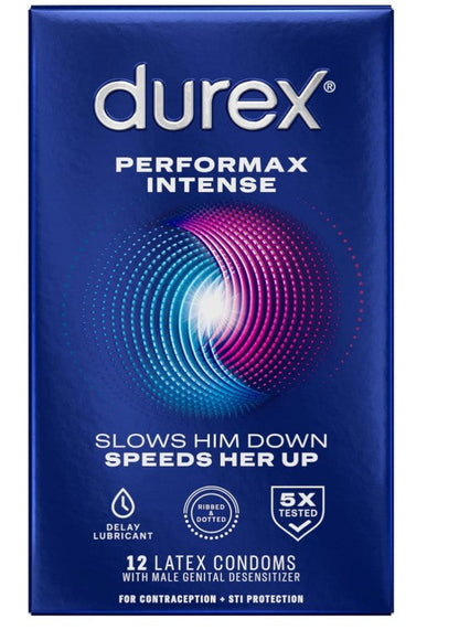 Condoms, Ultra Fine, Ribbed, Dotted with Delay Lubricant, Durex Performax Intense Natural Rubber Latex Condoms, 12 Count, Contains Desensitizing Lube for Men
