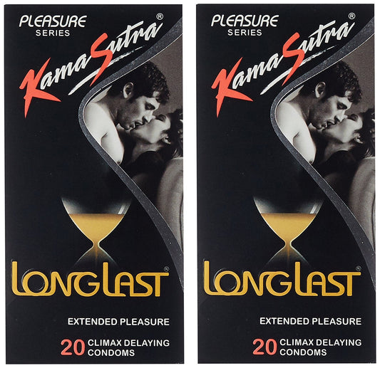KamaSutra Pleasure Series LongLast Condoms for Men, Contains Active Ingredient for Climax Delay, Dotted Texture, 20 Premium (Pack of 2)