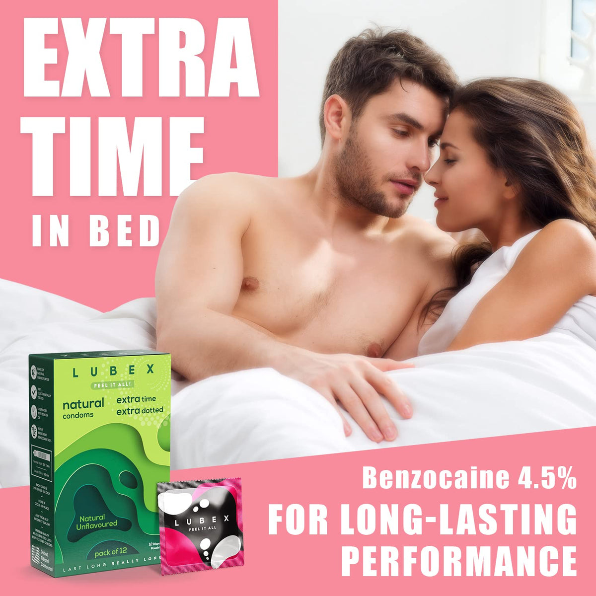 Lubex 6 in 1 Extra Time Condoms - Long Lasting with Disposable Bags - Ultra Thin & Extra Dotted - Natural Unflavoured - 12 Condom (Pack of 1)