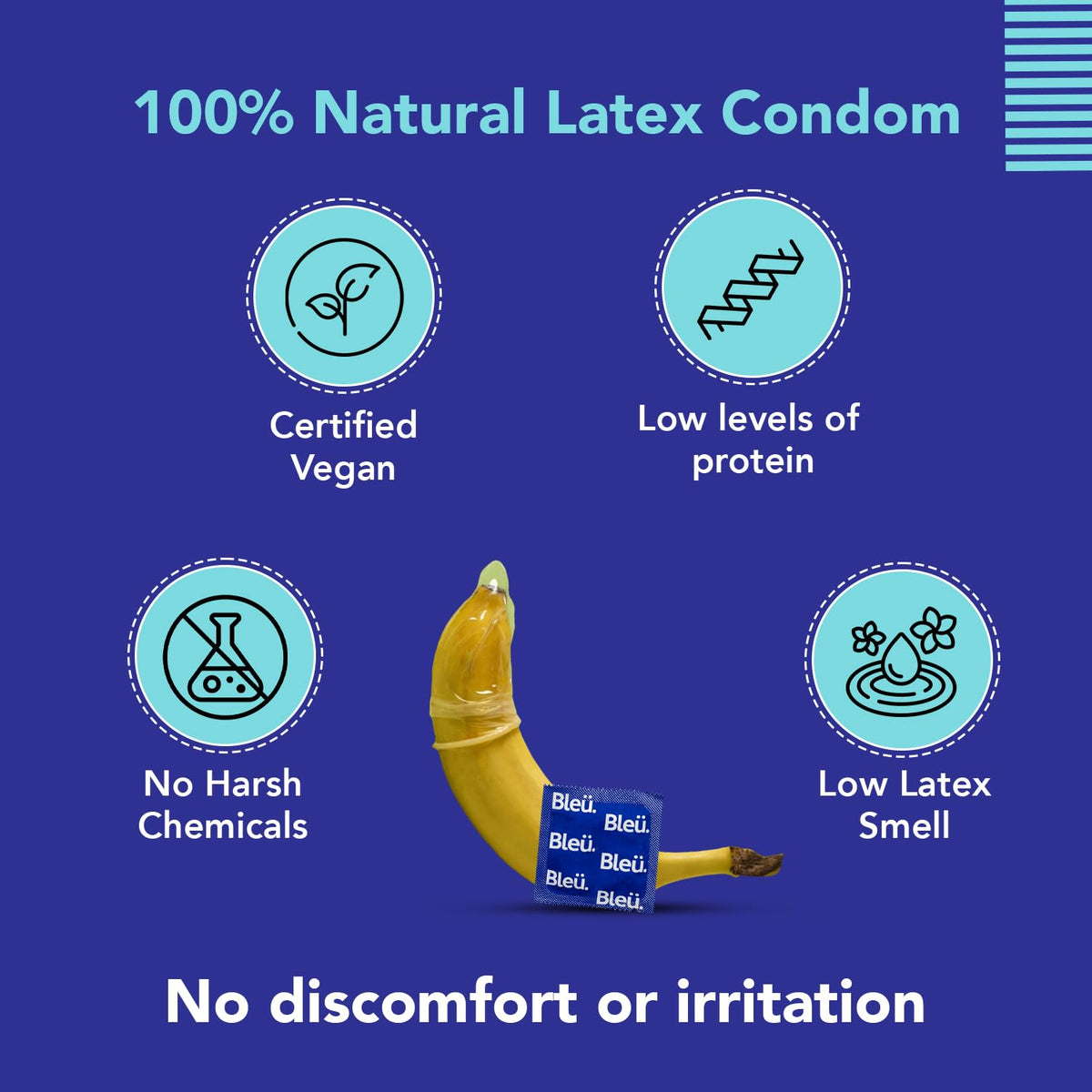 Bleu Vegan & 100% Natural Latex, 3-In-1 Condoms for Men 8 Count (Pack of 1) Dotted, Ribbed & Contour Shaped Skin to Skin Sensation