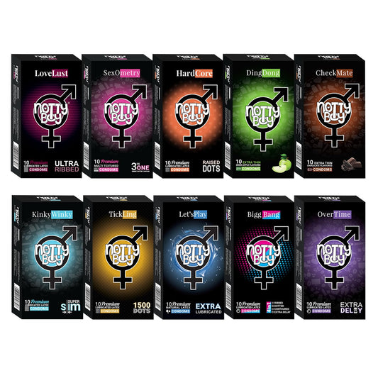 NOTTY BOY Condom For Man Combo Pack of 100 Pieces (Set of 10) - Big Dotted, Extra Delay, Ultra Thin, Ribbed, Lubricated, 4-IN-1, Snug Fit, Flavours and 3inOne
