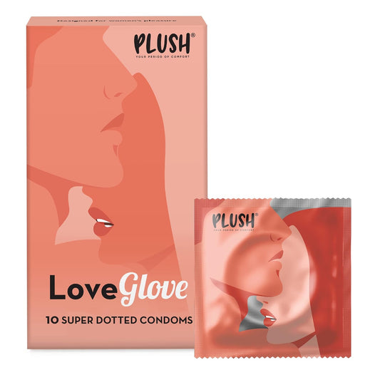 Plush LoveGlove Extra Super Dotted Condoms For Men, Unflavoured - 10 Count Naturally Sourced Latex For Sensitive Skin Designed For Comfortable Fit, No Benzocaine, Vegan