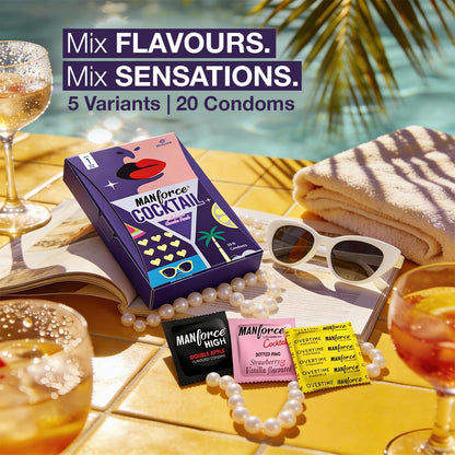 MANFORCE Cocktail Edition Combo Pack Condoms Mix Flavours (Chocolate-Hazelnut, Strawberry-Vanilla, Double Apple, Pineapple & Litchi) Premium Latex Dotted & Ribbed Extra Pleasure 20 Sheets